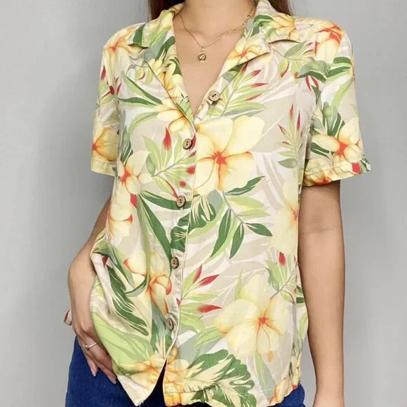 Yellow & Tan Floral Hawaiian Shirt – Oversized Button Up - Picture 2 of 3